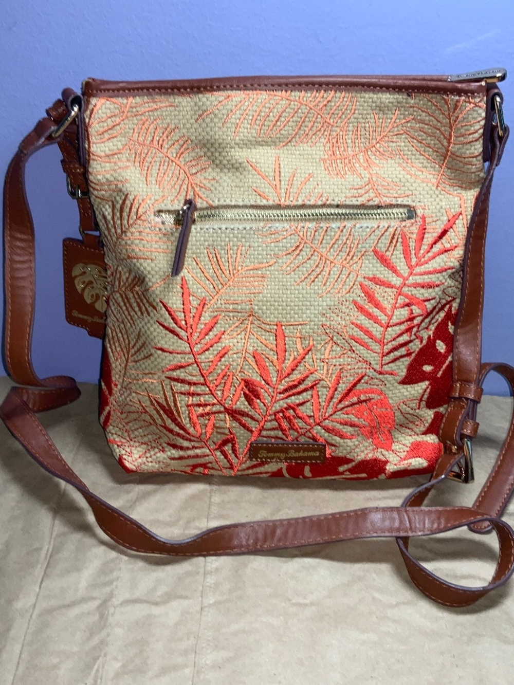 Tommy Bahama Palm Beach tan woven crossbody bag tropical embroidered pattern